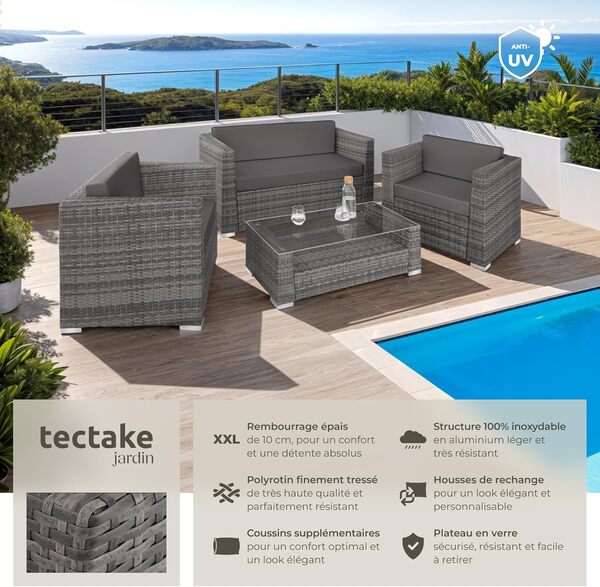 TecTake® Salon de Jardin Exterieur en Poly Rotin & Aluminium 4 Places 1 Canapé 2 Fauteuil Salon et 1 Table de Jardin, 2 Sets de Housses, Mobilier de Jardin pour Amenagement Balcon Terrasse Veranda