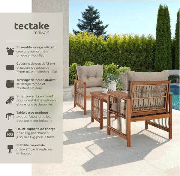 TecTake® Ensemble 2 Fauteuil de Jardin & Table Basse Salon de Jardin Exterieur Coussins épais Inclus Cadre en Bois Massif d'acacia & Acier laqué époxy Mobilier Chaises Balcon Terrasse Veranda Maison