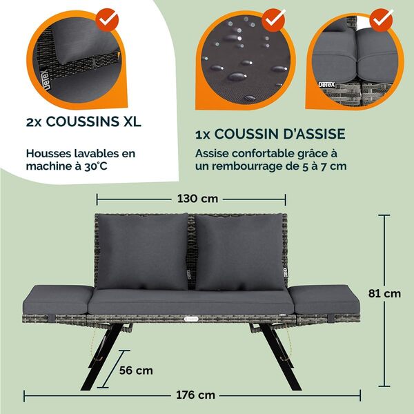 Casaria® Banc de Jardin Gris 2en1 Fonction Chaise Longue réglables polyrotin Extérieur Jardin Terrasse Balcon Canapé