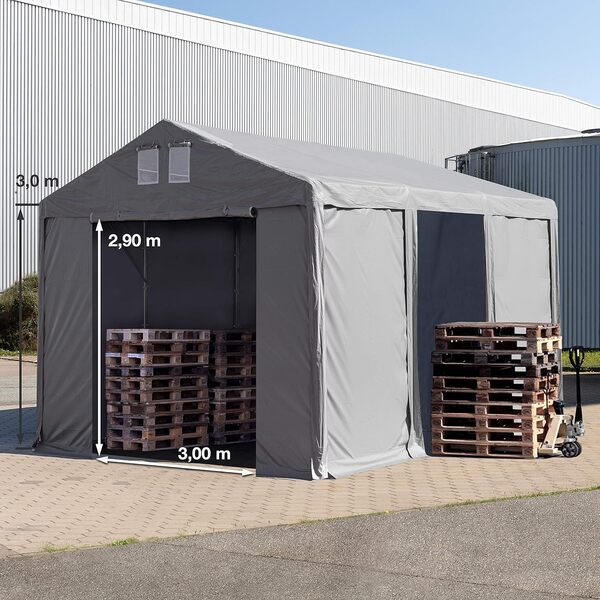 Tente de Stockage 4x6 m entrepôt Hall de Stockage bâche PVC 850 N, Gris, 100% imperméable abri Porte zippée