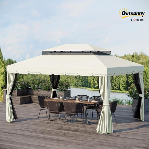 Outsunny Tonnlle de Jardin Barnum Pavillion de Jardin Double Toit avec parois et moustiquaires et Amovibles 4 x 3 m crème