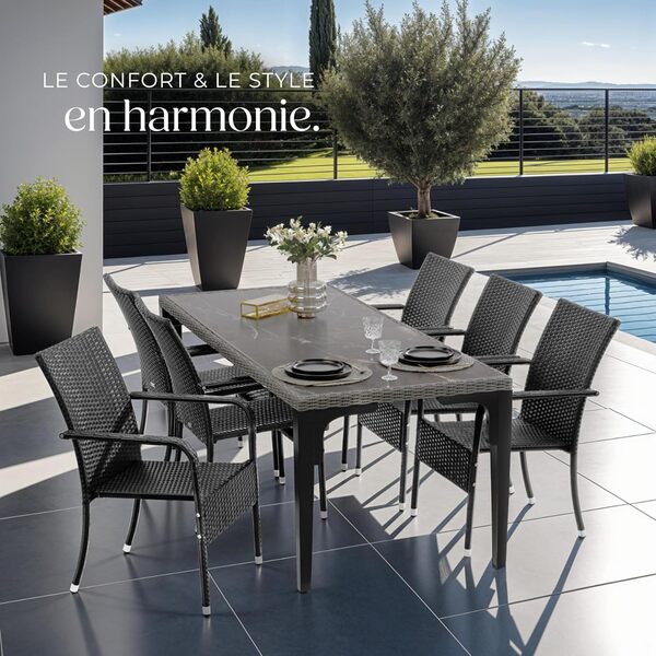 TecTake® Lot de 6 Chaise de Jardin Fauteuil Salon avec Accoudoirs pour Salon de Jardin Exterieur Acier laqué & polyrotin, Mobilier de Jardin Chaise rotin Amenagement Balcon Terrasse Jardin Veranda