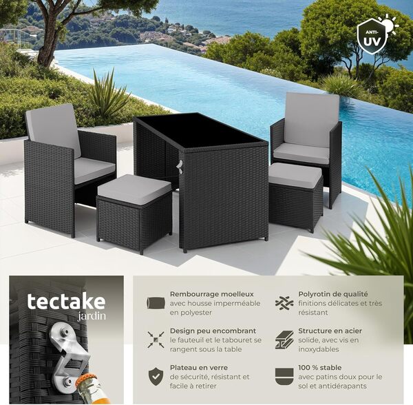 TecTake® Ensemble Salon de Jardin Exterieur 4 Places en Poly Rotin 2 Fauteuil Salon, 2 Tabouret Pouf et 1 Table de Jardin, Coussins Inclus, Mobilier de Jardin pour Amenagement Balcon Terrasse Veranda