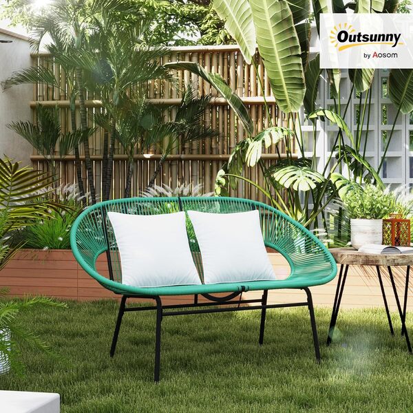 Outsunny Banquette Banc de Jardin 2 Places en Acier et Cordage en résine avec 2 Coussins - dim. 132L x 72l x 83H cm - Vert foncé
