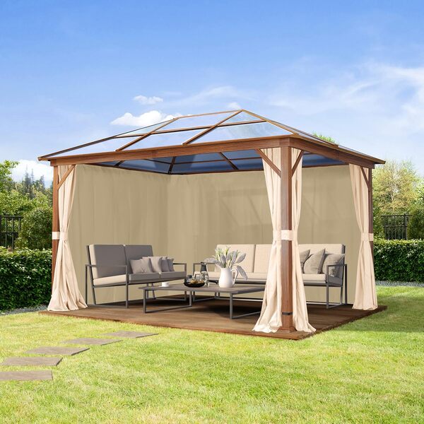 TOOLPORT Tonnelle de Jardin 3x4 m Aspect chêne, Toit env. 8mm Polycarbonate, 4 parois latérales Champagne