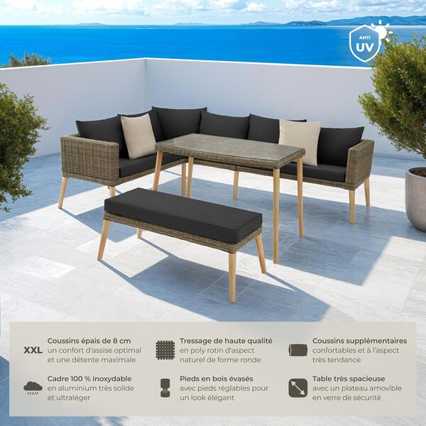 TecTake® Ensemble Salon de Jardin Exterieur en Poly Rotin 4 Places 1 Canapé 1 Banquette Jardin et 1 Table de Jardin, Facile d'entretien, Mobilier pour Amenagement Balcon Terrasse Veranda