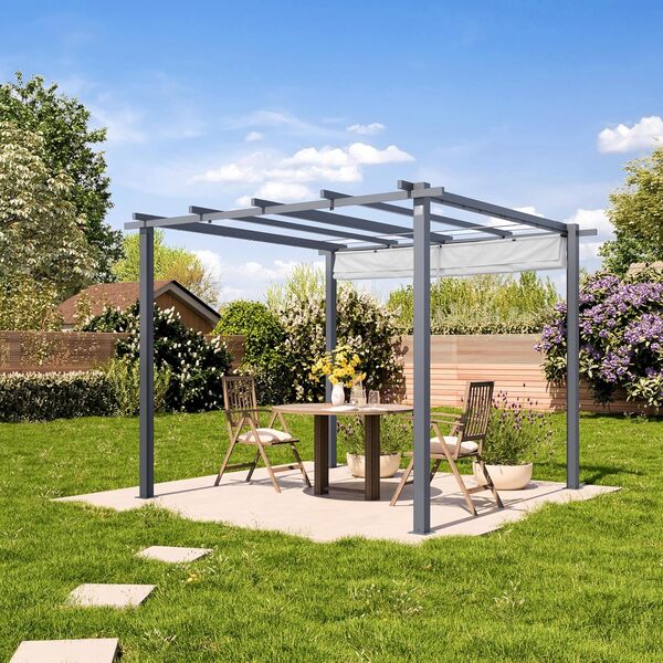 PRIMEYARD Pergola 3x3 m pavillon avec Toit rétractable Gris - Construction en Acier