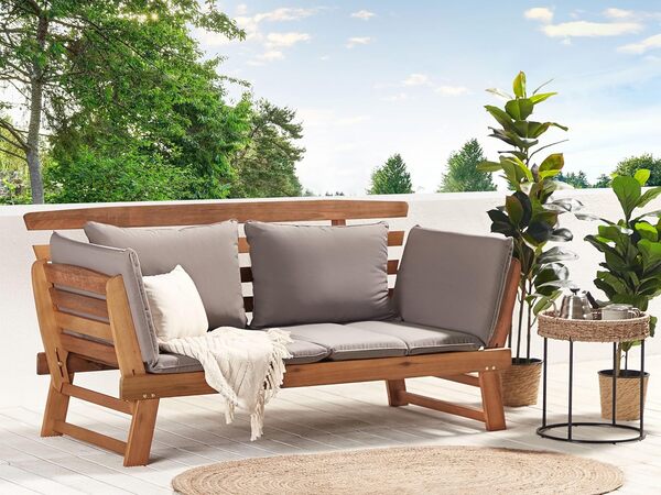 Beliani Canapé Banc de Jardin ou Terrasse en Bois Exotique Résistant avec Accoudoirs Inclinables et Coussin Taupe Assorti Design Pratique et Moderne