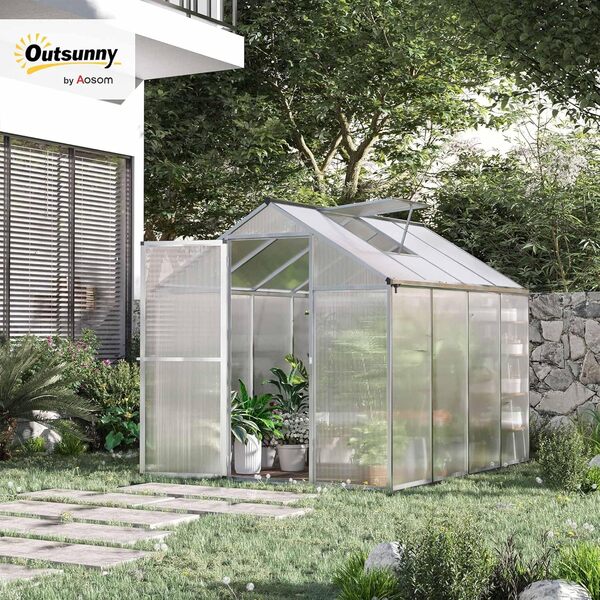 Outsunny Serre de Jardin Aluminium Polycarbonate 4,6 m² dim. 2,42L x 1,9l x 1,95H m Lucarne Porte loquet