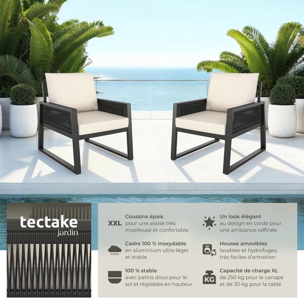 TecTake® Lot de 2 Fauteuil Salon de Jardin Exterieur Coussins épais Inclus Cadre en Acier laqué époxy Mobilier Canape Exterieur Balcon Terrasse Veranda Maison