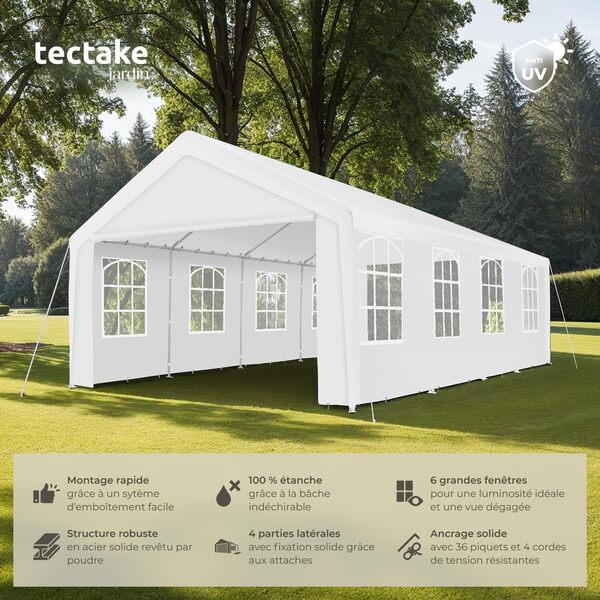 tectake Pavillon Pliant Tonnelle de Jardin Exterieur Tente de Reception 4x8m Barnum Chapiteau Gazebo Pavillon de Jardin Imperméable avec Fenêtres - Blanc (Diverses Couleurs)