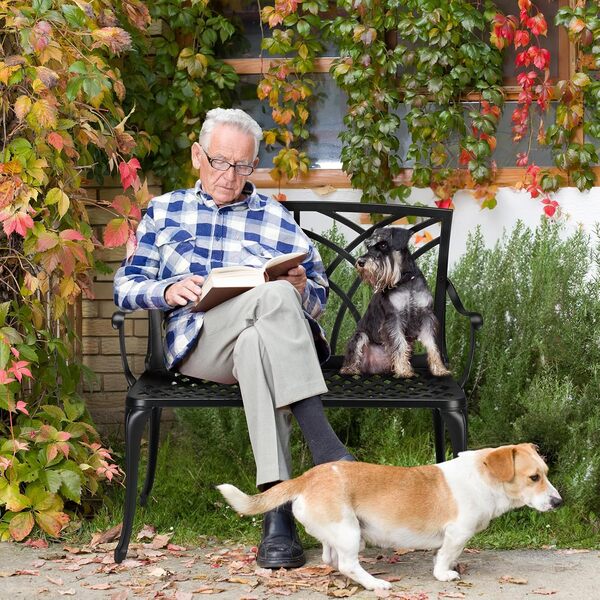 VINGLI Banc d'extérieur en fonte d'aluminium 96,5 cm, banc de jardin, banc d'orchidée, banc de terrasse, meubles pour 1 à 2 personnes (noir)