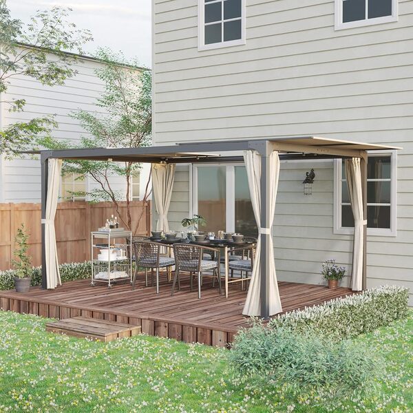 Outsunny Pergola carrée avec Toit Coulissant 2 Panneaux et Stores Structure métallique en Aluminium dim. 3 x 3 m - Beige
