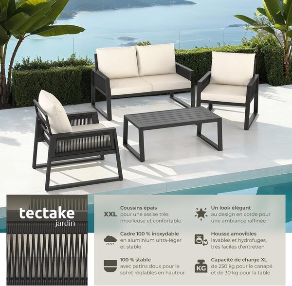 TecTake® Ensemble Salon de Jardin Exterieur 4 Personnes en Aluminium Canapé 2 Places 2 Fauteuil Salon et 1 Table de Jardin, Coussins Inclus, Mobilier Amenagement Balcon Terrasse Veranda
