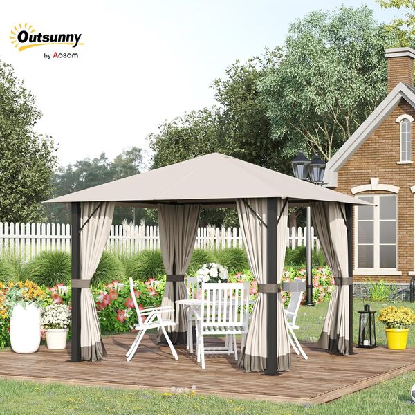 Outsunny Tonnelle Barnum de Jardin 3 x 3 m avec 4 parois latérales Amovibles - Toit avec évent - Porte zippée - Armature Aluminium et Acier - Marron