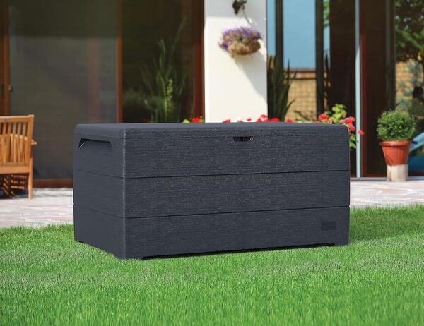 Duramax Cedargrain Durabox 416 Litre/ 110 Gallon coffre de rangement de jardin en plastique pour terrasse, coffre à coussins en plastique avec cylindre hydraulique, boîte de patio, Gris foncé
