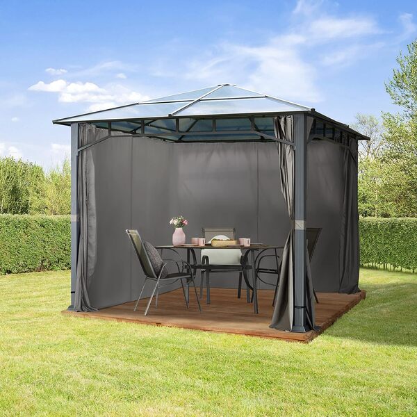 TOOLPORT Tonnelle de Jardin 3x3 m Structure en Aluminium Toit Polycarbonate épaisseur env. 8 mm pavillon de Jardin Gris