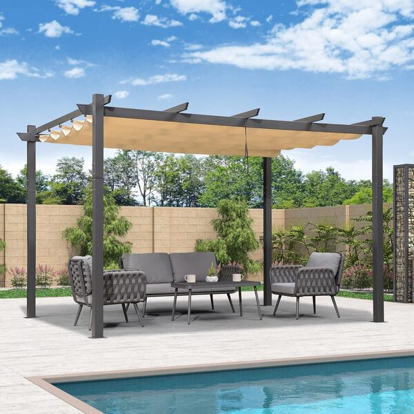 PURPLE LEAF Pergola Aluminium 4 x 3,2 m Tissu Teint en Fil, Pergolas pour Terrasse Extérieur, Pergola Jardin Extérieur Toit Coulissante, Pavillon de Jardin, Kaki