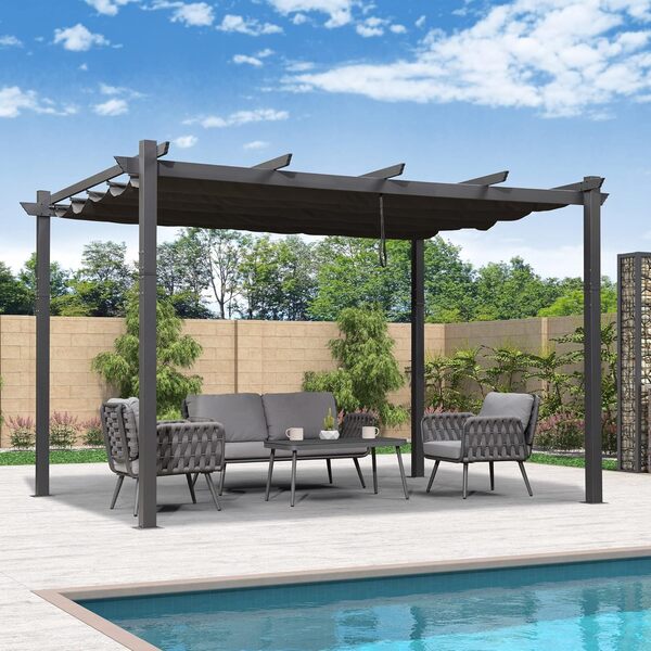 PURPLE LEAF Pergola Aluminium 4 x 3,2 m Tissu Teint en Fil, Pergolas pour Terrasse Extérieur, Pergola Jardin Extérieur Toit Coulissante, Pavillon de Jardin, Gris