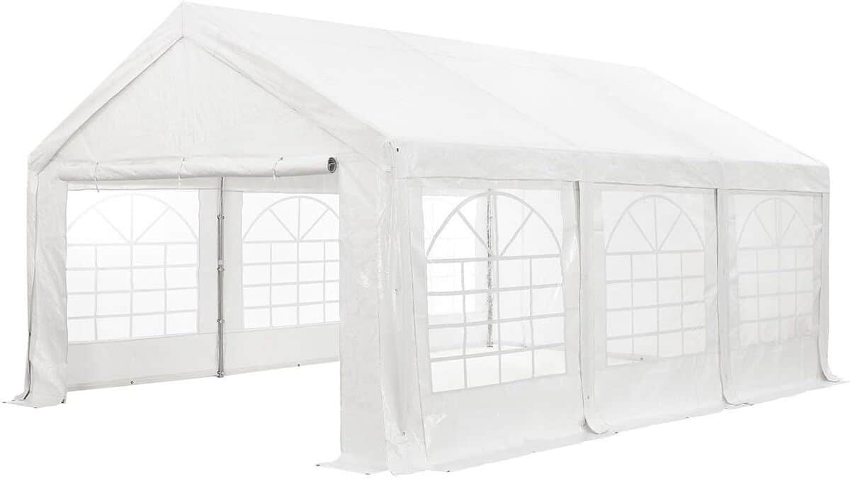 Test de la tente de réception Juskys Gala 4 x 10 m : stabilité et bâche anti-UV