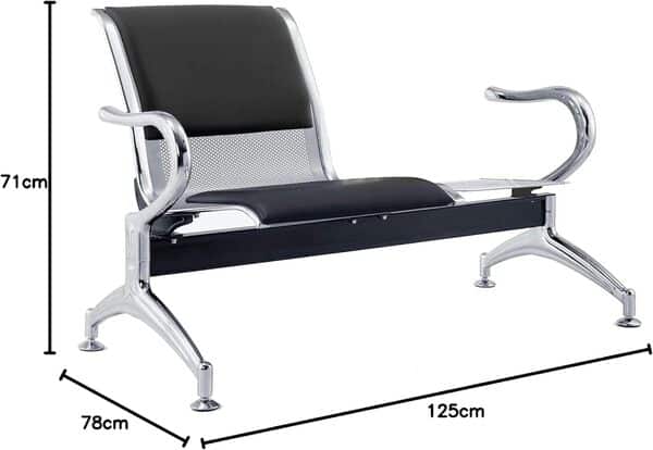 Banc 2 places acier 125x71x78H argenté pour salle d'attente | Avec coussin pour siège et dossier NOIR | Banc avec accoudoirs