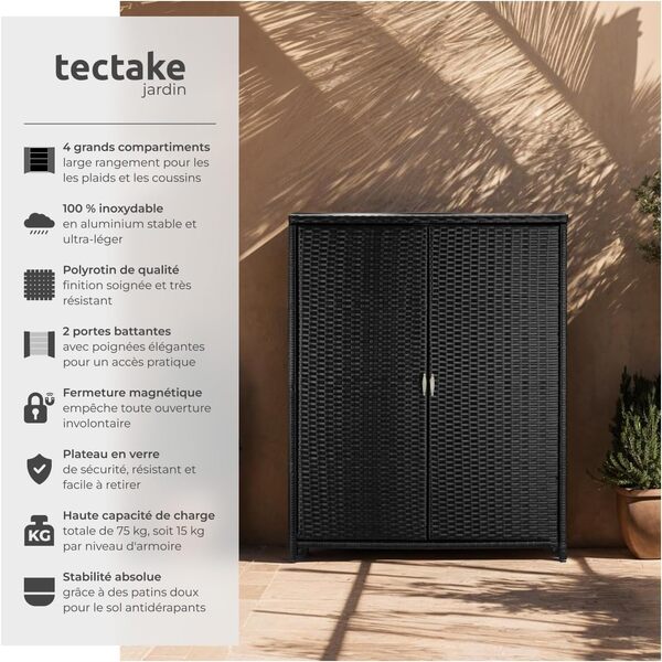 tectake® Armoire de Jardin Abri de Jardin en Résine tressée & Aluminium Inoxydable Solide, avec 2 Portes battantes, Remise pour Outils de Jardinage 3 étagères Accessoires de Piscine Jouets Enfants