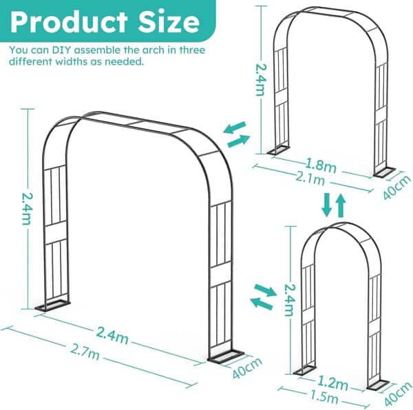 Xverycan Arche Jardin pour Rosiers Plantes Grimpantes, 240x240cm Metal Arceau à Rosiers, 1,2m 1,8m 2,4m Trois Largeurs Réglables, Arche de Rosiers Vigne, Pergola Tonnelle de Jardin, Décoration de Fête