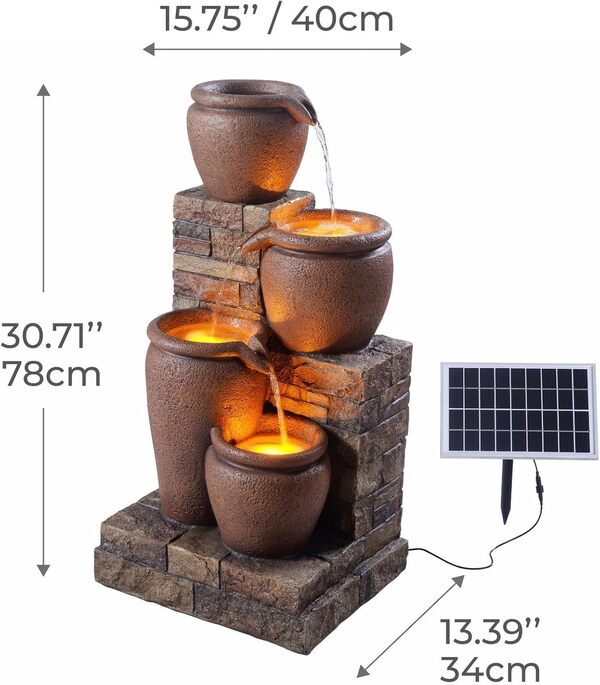 Fontaine d'eau extérieure à 4 étages de 30,71 pouces avec lumières LED, terracotta, Teamson Home