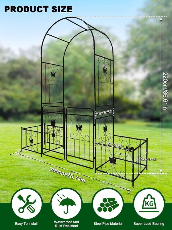 2,2 M Arche de Jardin avec Portail et Boîtes Plantes, Kalolary tonnelle Jardin Métal Robuste Plantes Grimpantes Arche Treillis Mariage Lit Surélevé Vignes Roses Support d'Escalade Cour Patio Extérieur