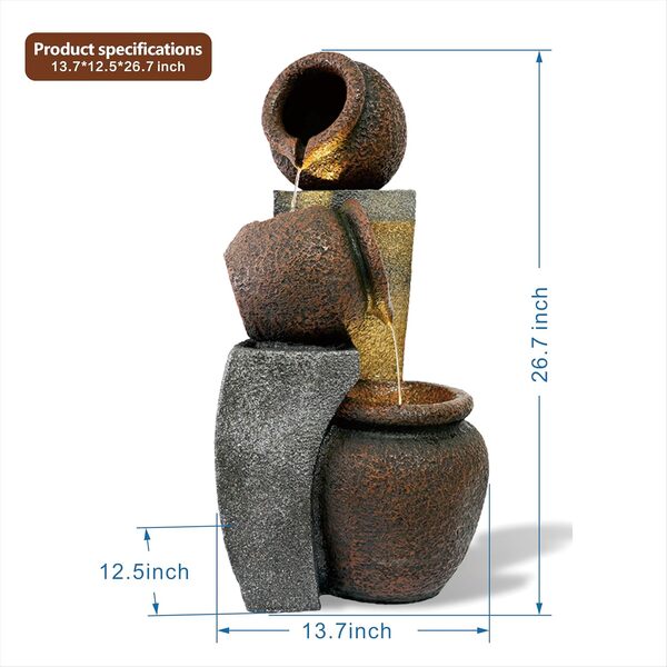 Fontaine à eau d'extérieur à 3 niveaux de 76,2 cm de haut avec 2 lumières LED pour décoration d'intérieur et d'extérieur