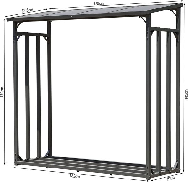 QUICK STAR Étagère en métal pour Bois de cheminée Anthracite XXL 185 x 70 x 185 cm Distance Entre Les Bois 2,3 m³ avec protection contre les intempéries Noir