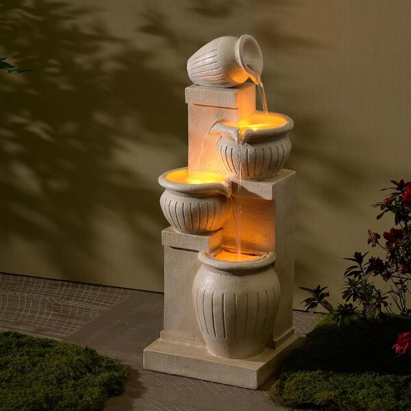 Teamson Home Fontaine Solaire 4 Niveaux Cascade exterieure LED ecologique sans Fil Balcon Patio Aspect Pierre Naturelle