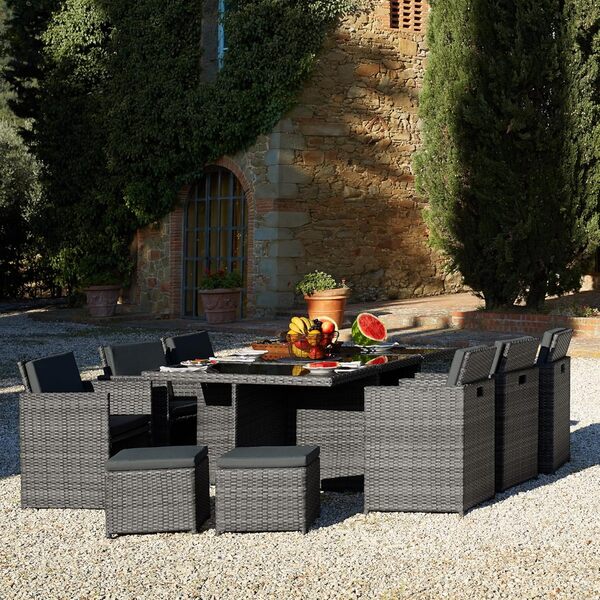 TecTake® Salon de Jardin Exterieur en Résine Tressée Poly Rotin Salon de Jardin Table 10 Personnes Fauteuil Exterieur Encastrable Aluminium, 2 Sets de Housses + Housse de Protection – Gris