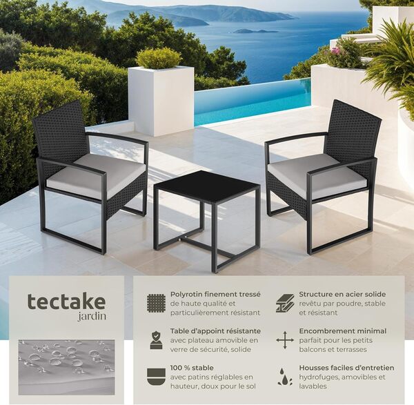 TecTake® Ensemble Salon de Jardin Exterieur 2 Chaise Confortable avec Table de Jardin en Poly Rotin et Acier, Mobilier de Jardin pour Amenagement Balcon Terrasse - Noir