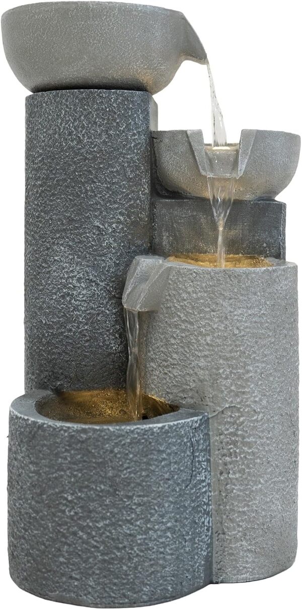 Fontaine de Jardin Cascade Électrique Extérieure Polyresine Gris 3 Lumières LED Blanc Chaud Pompe à Brancher Câble de 7 m Statue Droit Décor Maison Terrasse Tranquil Tiers [Brosse de Nettoyage INCLUS]
