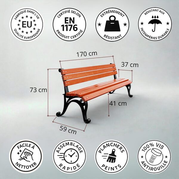 REKORD Banc de Jardin 170 x 59 x 73 cm Banc d’extérieur Robuste en métal et Bois avec Dossier résistant aux intempéries pour Parc terrasse et Avant-Cour – Vienne – Acajou