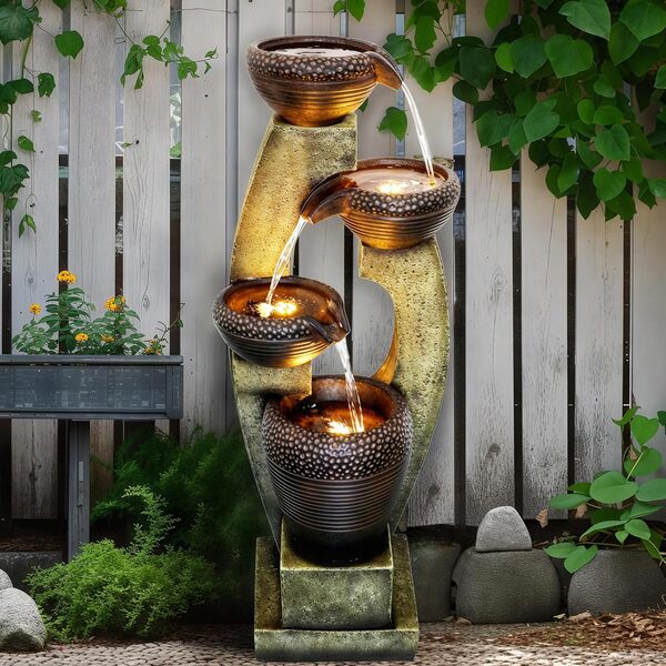 Naturefalls Fontaine d'extérieur moderne de 101,6 cm de haut, 4 fontaines de jardin en plein air dernière intervention avec design contemporain et lumière LED pour jardin, patio, terrasse, porche