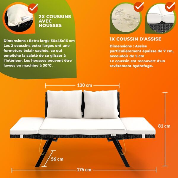 Casaria® Banc de Jardin Noir/Blanc polyrotin Fonction Chaise Longue réglables Extérieur Jardin Terrasse Balcon Canapé