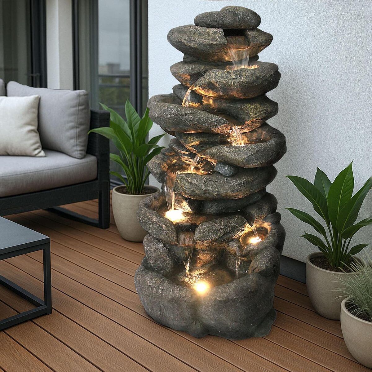 Avis sur la fontaine de jardin BK902 : élégance LED et cascade en pierre