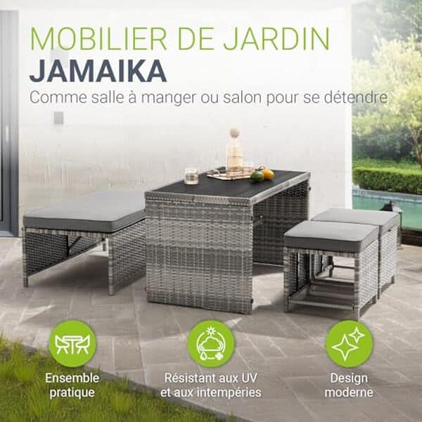 Découvrez notre avis complet sur l'ensemble mobilier de jardin Jamaika de Juskys : alliez style, confort et robustesse pour sublimer vos espaces extérieurs.