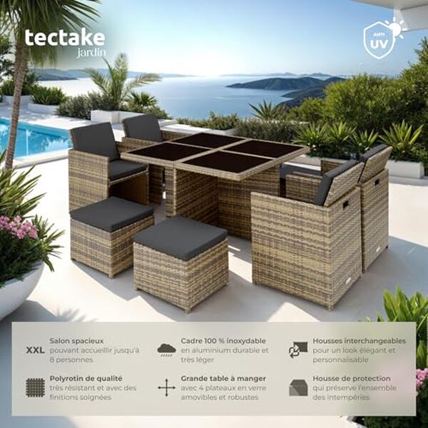 Découvrez notre test approfondi du salon de jardin TecTake 8 places en poly rotin : design élégant, confort optimal et durabilité. Guide d'achat et avis d'experts.