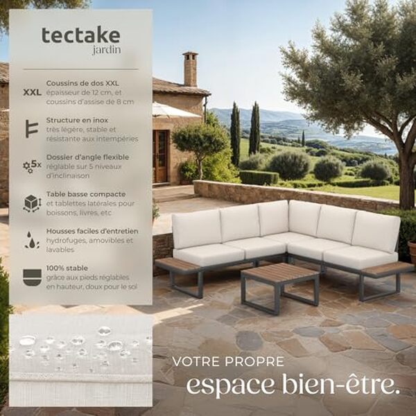 Découvrez le tecTake salon de jardin aluminium 5 places alliant confort et style pour vos moments de détente en plein air.