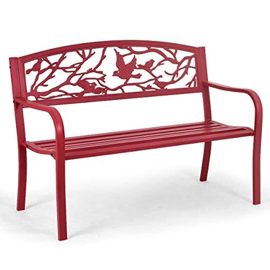 Test du banc de jardin KOMFOTTEU : design oiseau en métal rouge