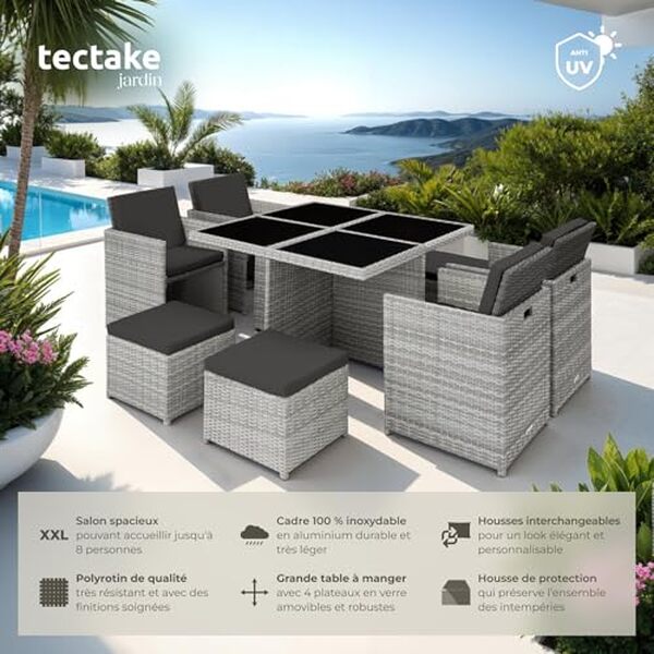 Découvrez notre test complet du salon de jardin extérieur TecTake 8 places en gris clair : qualité, confort et durabilité pour votre terrasse. 