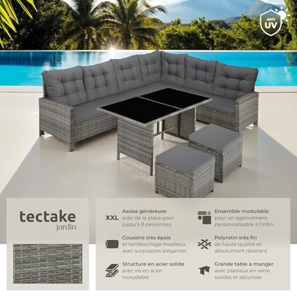 Découvrez notre test complet du salon de jardin modulable TecTake en poly rotin : qualité, confort et design pour votre terrasse. 