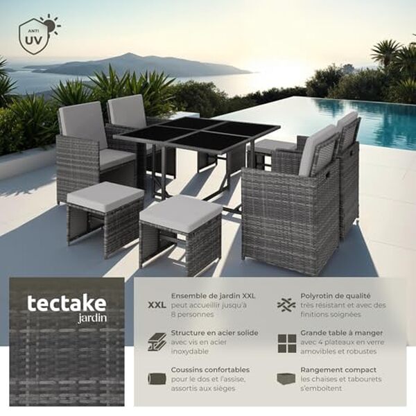 Découvrez notre test complet du salon de jardin tecTake en polyrotin. Avis sur le confort, l'élégance et la qualité de ce mobilier extérieur haut de gamme. 