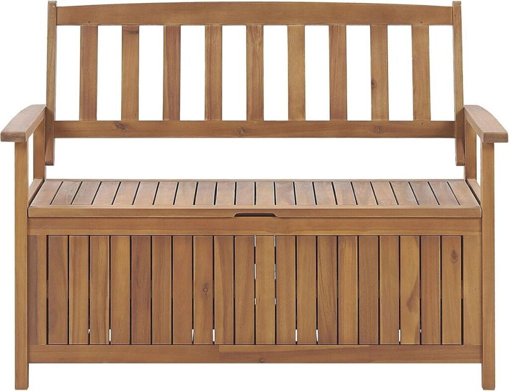 Test du banc de jardin Beliani avec coffre en acacia