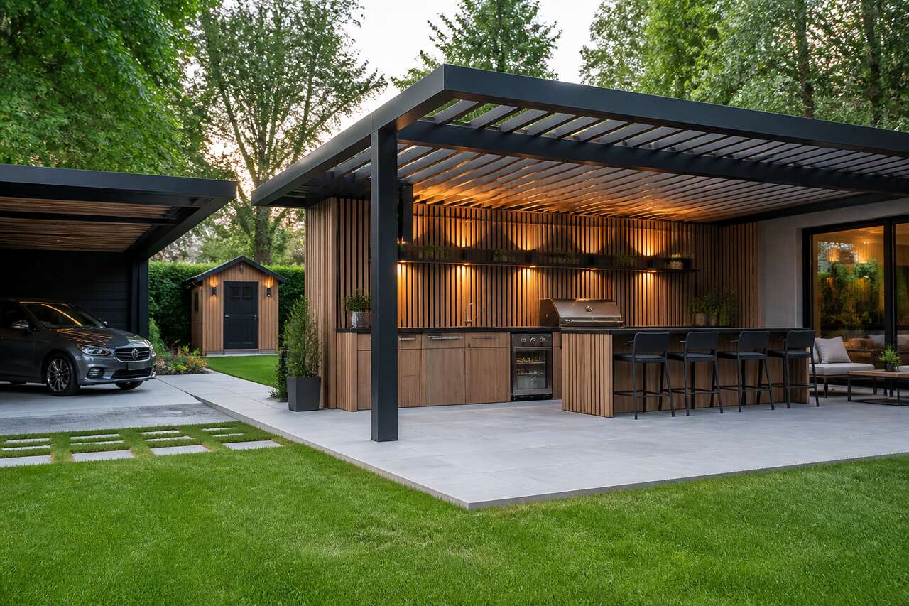Pergola, auvent, carport, abri de jardin: quel type d’abri pour une cuisine d’été Pergola, auvent, carport, abri de jardin: quel type d’abri pour une cuisine d’été