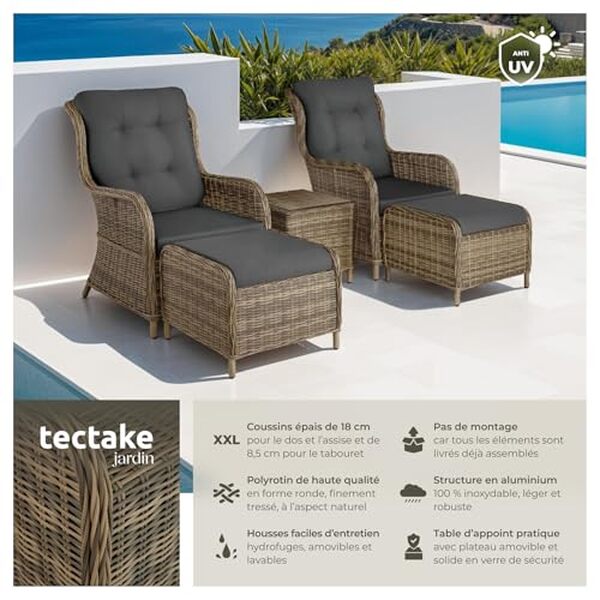 Découvrez notre test complet du salon de jardin tectake en poly rotin pour 2 personnes : design, confort, qualité et prix pour vérifier si ce mobilier vaut l'investissement.
