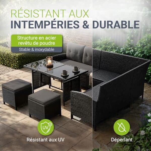 Découvrez notre test détaillé de l'ensemble salon de jardin Juskys Manacor en polyrotin noir : qualité, confort et durabilité pour votre terrasse. 